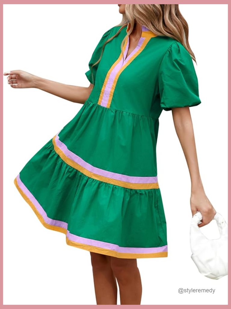 Lightweight Cotton Puff Sleeve Babydoll Dress With V-Neck And Pockets
